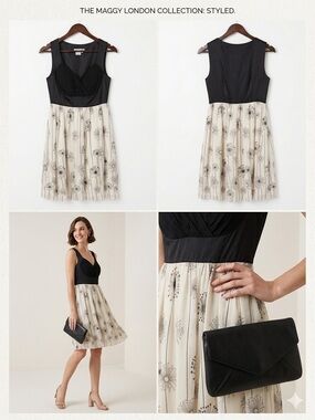 Maggy London Black and Cream Floral Midi Dress